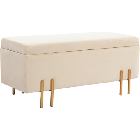HOMCOM Grand pouf coffre de rangement design contemporain- banc avec espace de rangement - dim. 100L x 40l x 42H cm - velours beige piètement métal doré