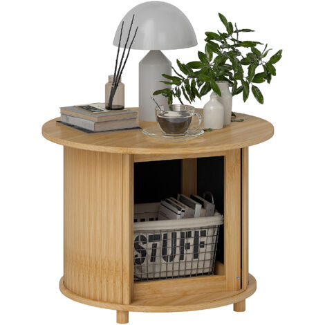 Homcom – Table basse ronde en bambou – Rangement sous couvercle coulissant – Ø60 x 45H cm – Style exotique moderne
