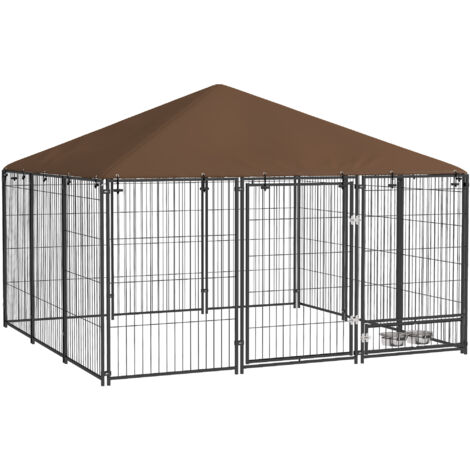 Pawhut – Chenil extérieur couvert pour chien – Acier noir résistant – Bâche imperméable – 12 panneaux – Dimensions 211L x 211l x 151H cm