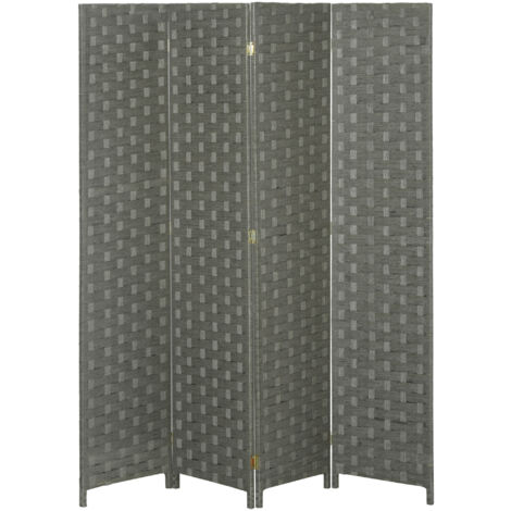 Homcom – Paravent intérieur 4 panneaux pliables – Bois de pin et papier tressé – Dimensions 159,5L x 169,5H cm – Séparateur de pièce gris