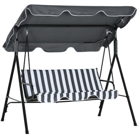 Balancelle de jardin 3 places toit réglable acier polyester blanc gris rayé