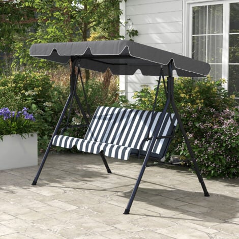 Balancelle de jardin 3 places toit réglable acier polyester blanc gris rayé