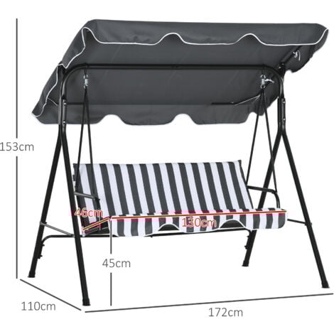 Balancelle de jardin 3 places toit réglable acier polyester blanc gris rayé