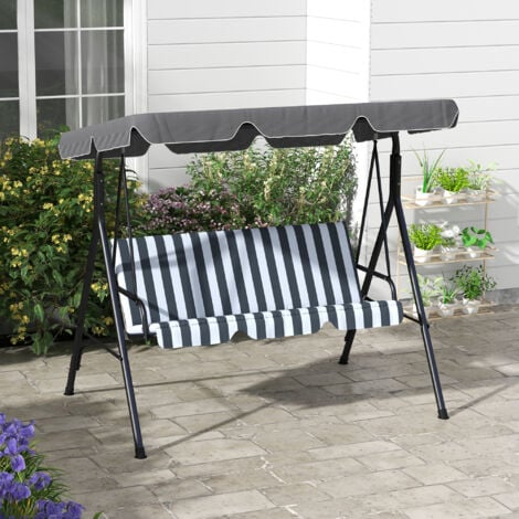 Balancelle de jardin 3 places toit réglable acier polyester blanc gris rayé