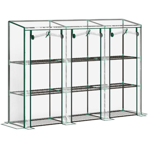 Outsunny – Mini serre de jardin balcon 215L x 46l x 151H cm – 3 niveaux avec étagères métalliques – 3 portes en acier noir – Bâche PVC transparente