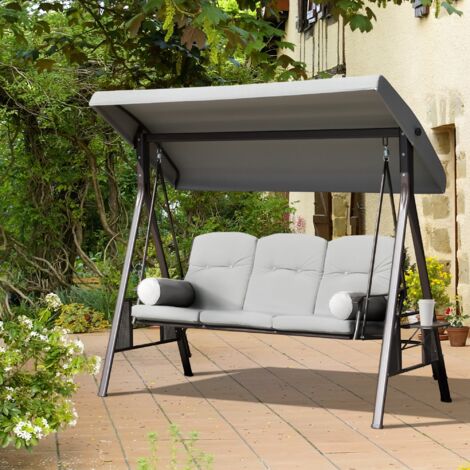 Balancelle de jardin 3 places grand confort toit inclinaison réglable coussins plateaux rétractables polyester filé gris
