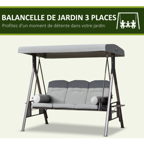 Balancelle de jardin 3 places grand confort toit inclinaison réglable coussins plateaux rétractables polyester filé gris