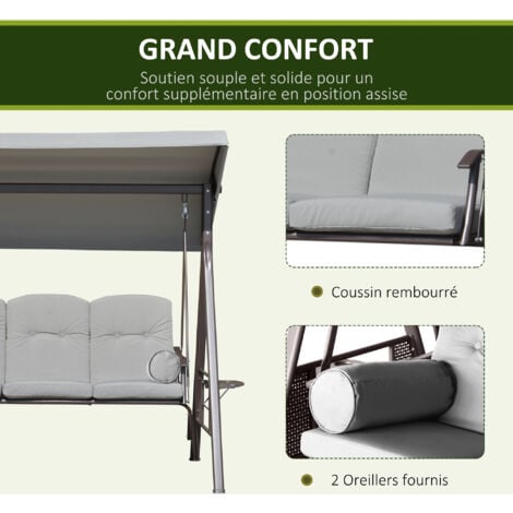 Balancelle de jardin 3 places grand confort toit inclinaison réglable coussins plateaux rétractables polyester filé gris