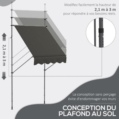 Store banne autoportant manuel rétractable 1,5L x 1,2l x 2,1-3H m inclinaison réglable métal alu polyester gris