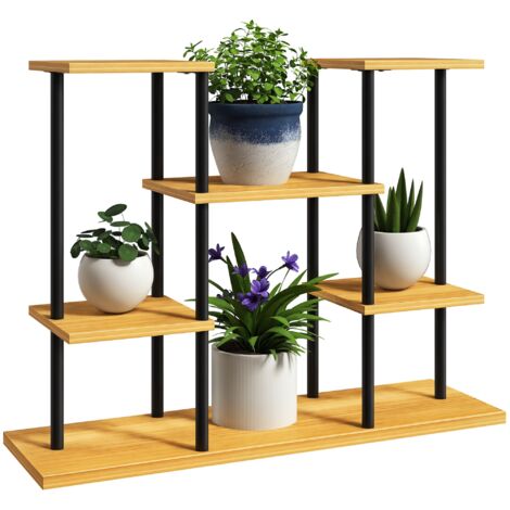 Étagère à fleurs étagère pour plantes 6 tablettes 80 x 24 x 61 cm acier noir bois verni
