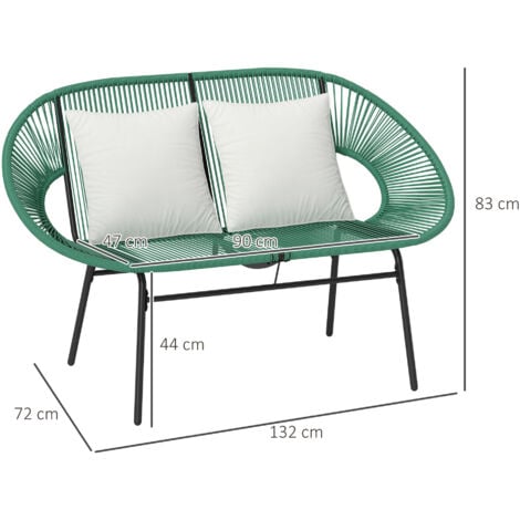 Banc de jardin 2 places design Acapulco 2 coussins métal résine filaire vert