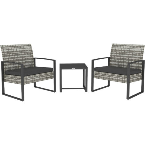 Outsunny – Salon de jardin 2 places 3 pièces – 2 chaises avec coussins déhoussables – Table basse en verre trempé – Résine tressée aspect rotin gris (1/5)