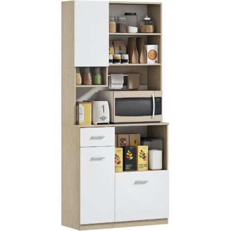 Homcom – Buffet haut de cuisine 80x35x180 cm – 3 portes, 2 étagères réglables, 4 niches, tiroir – Blanc effet chêne moderne (1/5)
