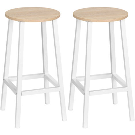 Homcom – Lot de 2 tabourets de bar H.65 cm – Acier blanc et bois clair – Repose-pieds inclus – Conception compacte pour rangement facile (1/5)