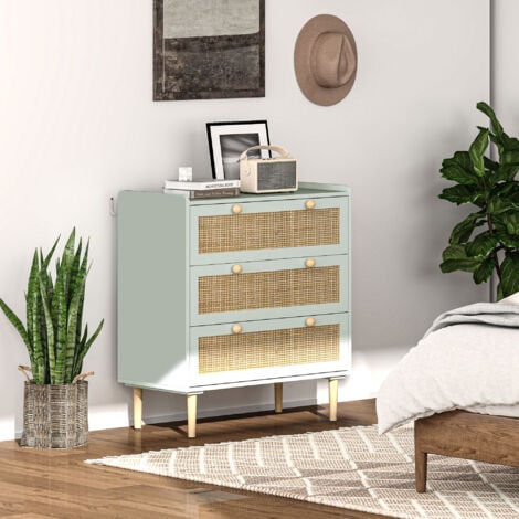 Commode 3 tiroirs style bohème chic cannage en rotin piètement effet bois vert de gris