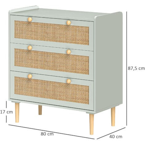 Commode 3 tiroirs style bohème chic cannage en rotin piètement effet bois vert de gris
