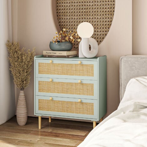Commode 3 tiroirs style bohème chic cannage en rotin piètement effet bois vert de gris