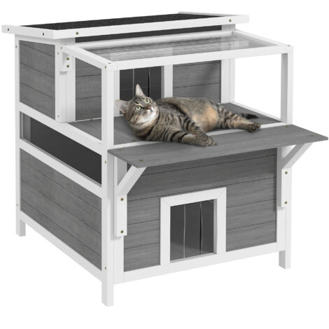 Pawhut – Maisonnette pour chat en bois de sapin – 2 niveaux, balcon abrité, fenêtres – Peinture étanche, intérieur/extérieur – 64l x 87P x 76H cm