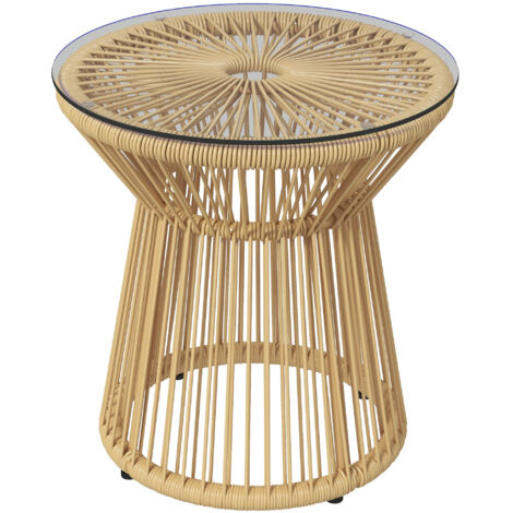Table basse d'appoint de jardin style cosy Ø 40 cm plateau verre résine filaire beige