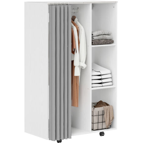 Homcom – Armoire penderie sur roulettes 80x40x128 cm – 3 compartiments avec tringles – Effet bois blanc avec rideaux gris – Charge max 68,1 kg