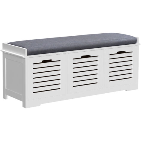 Homcom – Banc à chaussures 3 tiroirs avec coussin – Dimensions 108 x 35 x 43 cm – Structure en MDF blanc et polyester gris – Rangement optimisé (1/5)