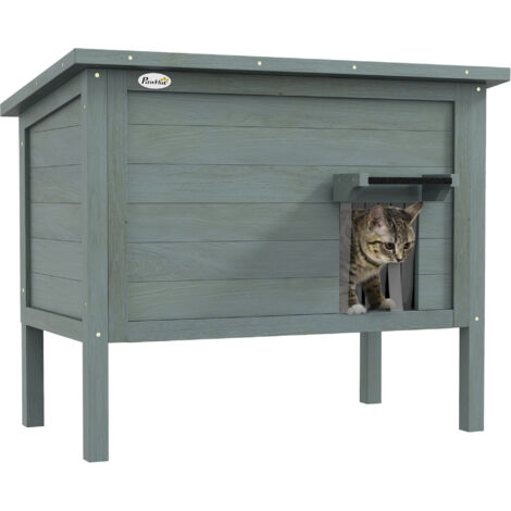 Maison lodge sur pied - niche villa chat - toit ouvrant bitumé, porte extérieure/intérieure - bois sapin pré-huilé gris