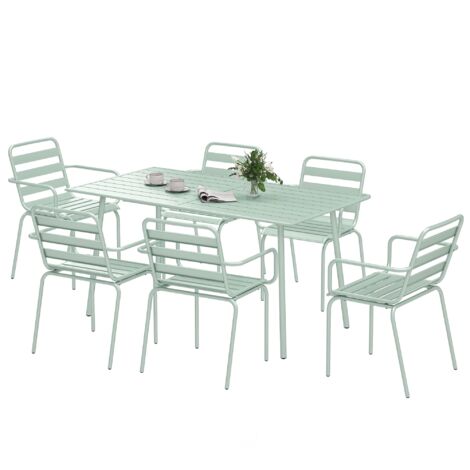 Salon de jardin 6 places 7 pièces - table à manger 6 chaises empilables - acier thermolaqué verre d'eau