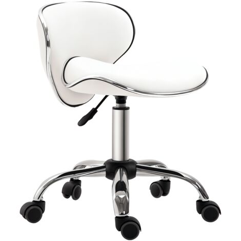 Homcom – Tabouret à roulettes hauteur réglable 44-56 cm – Dossier blanc – Base en chrome poli – Pour salons de coiffure et studios de tatouage (1/5)