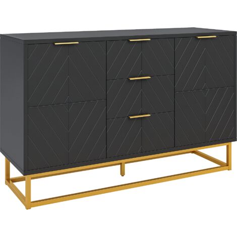 Homcom – Buffet contemporain noir et doré – 2 placards avec étagères réglables – 3 tiroirs coulissants – MDF et métal – 120L x 40l x 76H cm