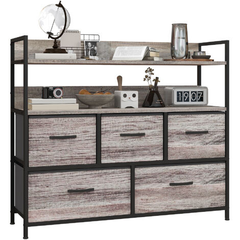 Homcom – Commode industrielle 5 tiroirs – 2 étagères – acier noir et MDF effet bois gris – Dimensions 98x29x85 cm – Charge max 35 kg (1/5)
