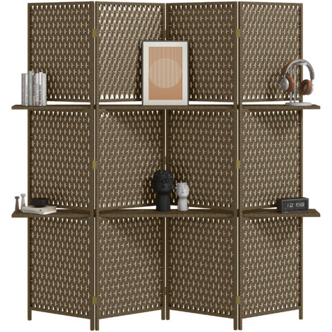 Homcom – Paravent intérieur 4 panneaux pliables en bois de pin et bambou – 2 étagères tressées marron – Dimensions 181L x 180H cm