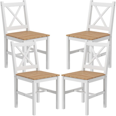 Homcom – Lot de 4 chaises de salle à manger en bois de pin – Dossier croisé pour soutien – Surface résistante à l'eau – Style campagne blanc et bois naturel (1/5)