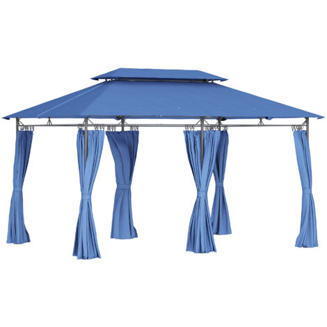 Outsunny – Tonnelle de jardin 3 x 4 m – Toit à double niveau avec 12 orifices de drainage – 6 rideaux amovibles – Structure en métal – Bleu foncé