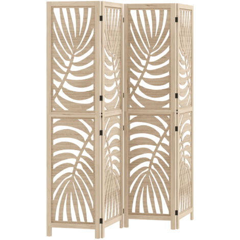 Paravent interieur 4 panneaux style exotique - séparateur pliable ajustable 2 parties - bois ajouré feuilles