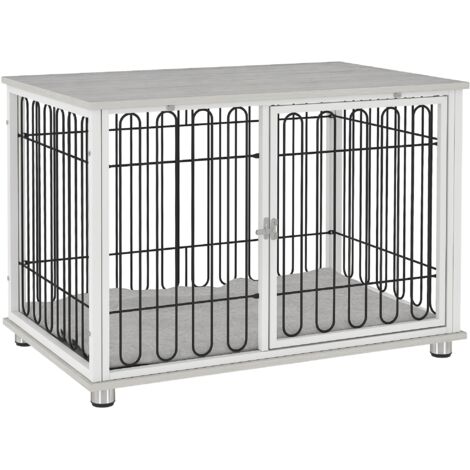 Pawhut – Cage pour chien avec coussin 90 x 58 x 62 cm – Porte verrouillable – Effet bois gris clair – Acier blanc et noir – Charge max 30 kg