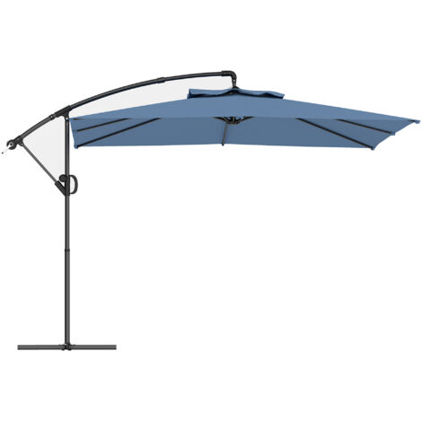 Parasol déporté carré 3 x 3 m réglable piètement croix manivelle tissu haute densité 180g/m² UPF50+ bleu