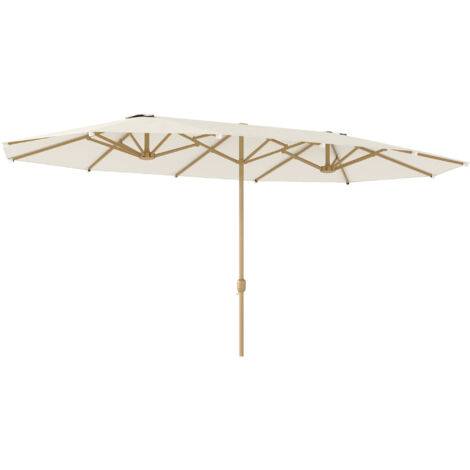 Parasol de jardin style exotique XXL dim. 455 x 265 cm ouverture fermeture manivelle acier effet bois tissu beige clair