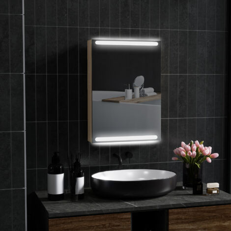 Homcom – Armoire murale de salle de bain avec miroir – Éclairage LED – Étagères en verre réglables – 50x12,5x70cm – Panneau de particules et verre trempé