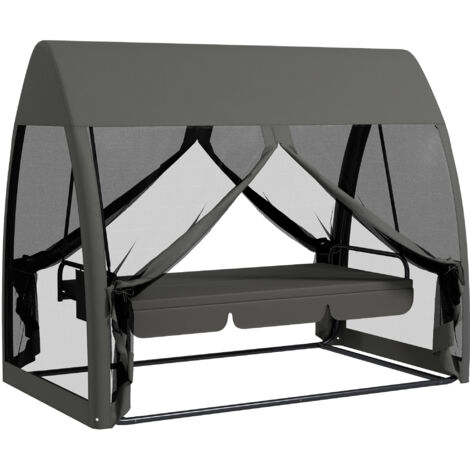 Balancelle de jardin convertible 3 places - matelas assise dossier, moustiquaire intégrale, toit - métal polyester gris
