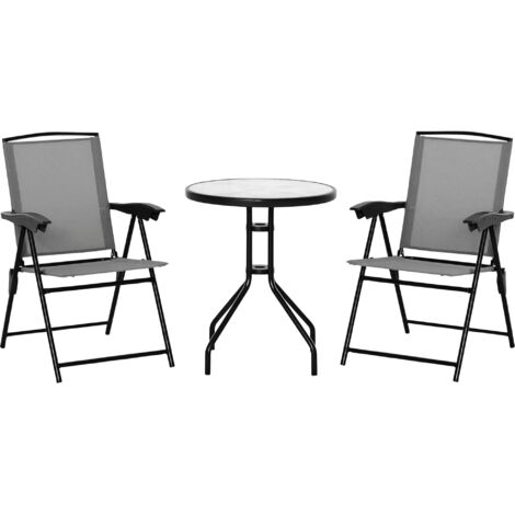 Ensemble de jardin 3 pièces 2 chaises inclinables multi-positions pliables + table ronde verre trempé métal époxy textilène gris (1/5)