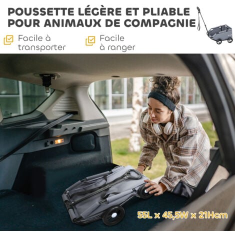 Poussette chien chariot 4 roues pliable avec poignée multidirectionnelle - nombreux équipements - noir gris