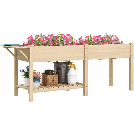 Grande jardinière sur pied - carré potager surélevé 2 compartiments - tablette rabattable, étagère - bois