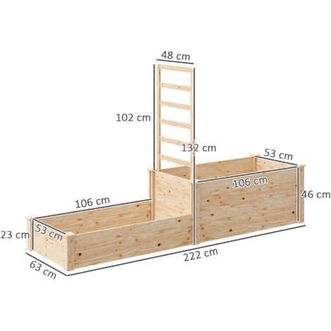 Grande jardinière double avec treillis haut dim. 222 x 63 x 132 cm bois sapin naturel