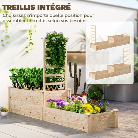 Grande jardinière double avec treillis haut dim. 222 x 63 x 132 cm bois sapin naturel