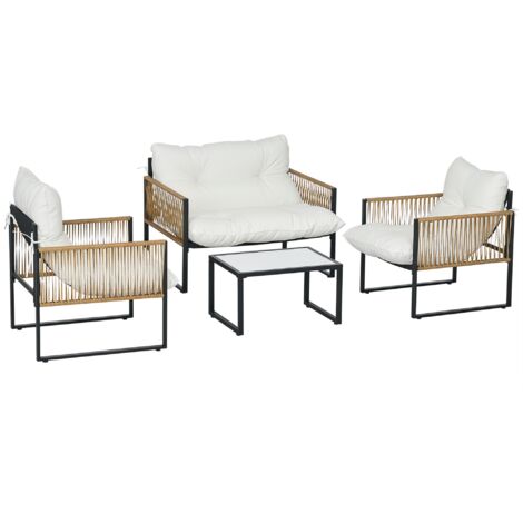 Ensemble salon de jardin  4 places 4 pièces 3 coussins acier résine crème