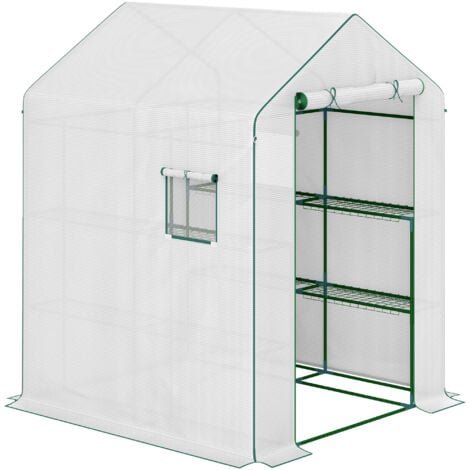 Serre de jardin 4 tablettes dim. 1,4L x 1,43l x 1,9H m porte déroulante fenêtre acier PE haute densité blanc