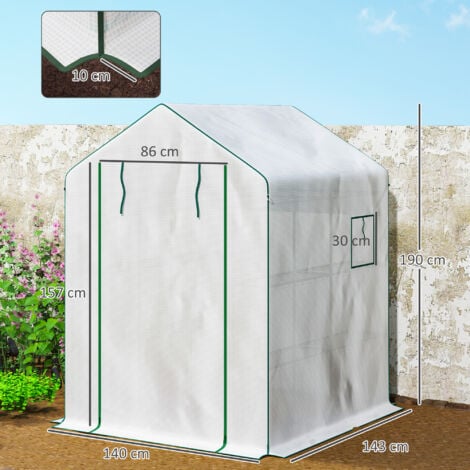 Serre de jardin 4 tablettes dim. 1,4L x 1,43l x 1,9H m porte déroulante fenêtre acier PE haute densité blanc