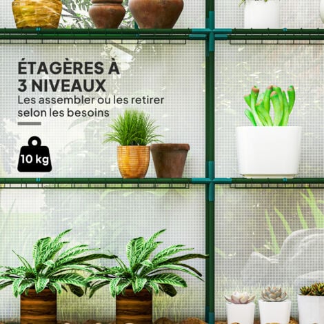 Serre de jardin 4 tablettes dim. 1,4L x 1,43l x 1,9H m porte déroulante fenêtre acier PE haute densité blanc