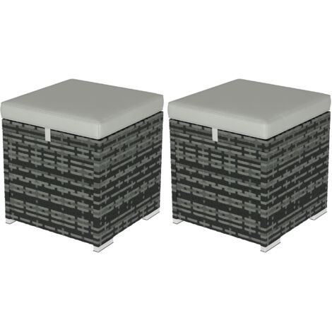 Lot de 2 poufs coffres de jardin - coussins zippés déhoussables - résine tressée aspect rotin gris