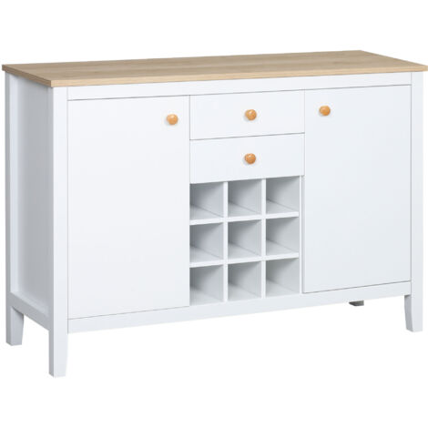 Homcom – Buffet blanc 2 tiroirs 2 portes – Étagères réglables – Range-bouteilles 9 bouteilles – Dimensions 110x35x75 cm – Panneau de particules